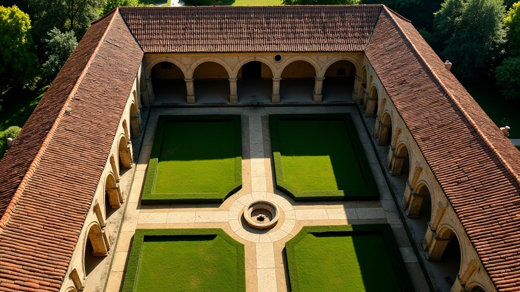 Vista dall'alto di un chiostro rinascimentale con le sue quattro ali simmetriche, giardino centrale geometrico, persone sparse che riposano