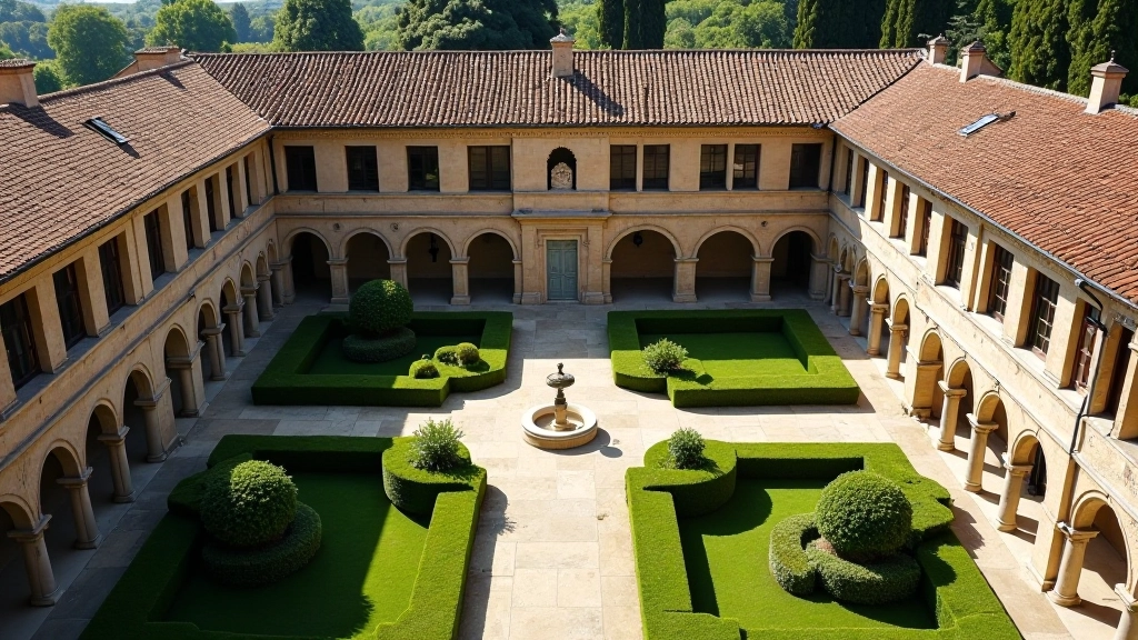 Veduta aerea del complesso della Certosa di Pavia con chiostri geometrici e giardini rinascimentali circondati da mura medievali