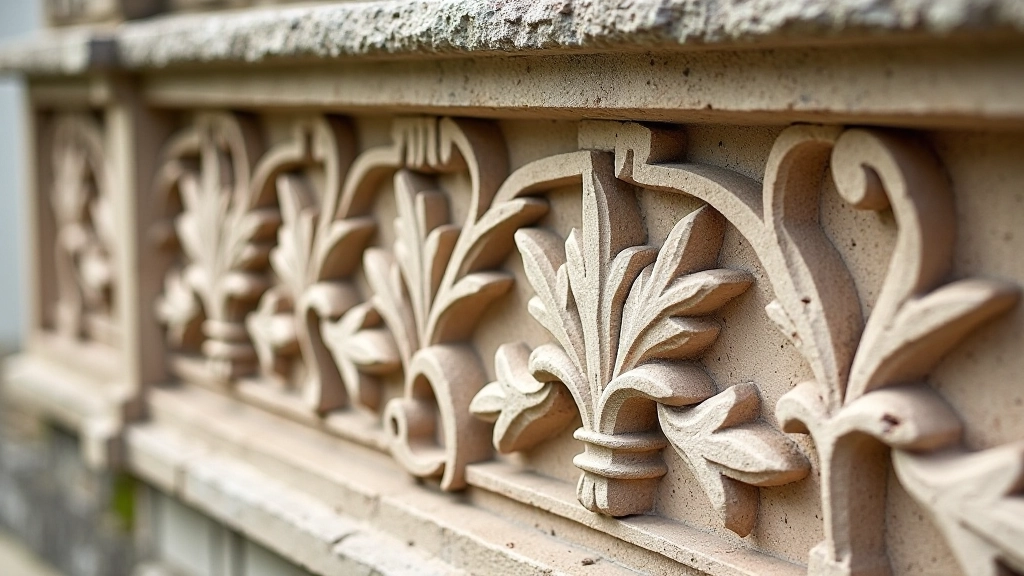 Dettagli decorativi rinascimentali in pietra: foglie d'acanto, palmette e motivi geometrici su fregi e capitelli