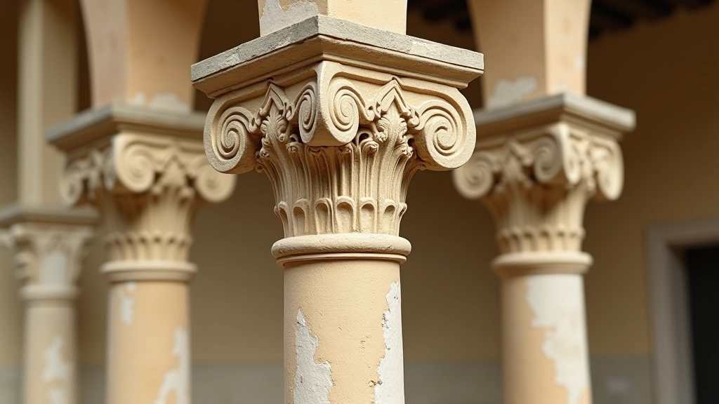 Dettaglio di tre colonne rinascimentali con ordini architettonici diversi: dorico, ionico e corinzio con capitelli decorati in pietra bianca