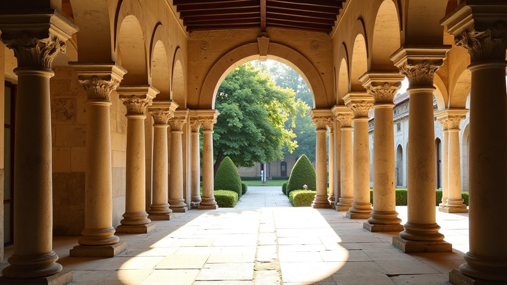 Dettagli architettonici di un chiostro rinascimentale con giardino visibile