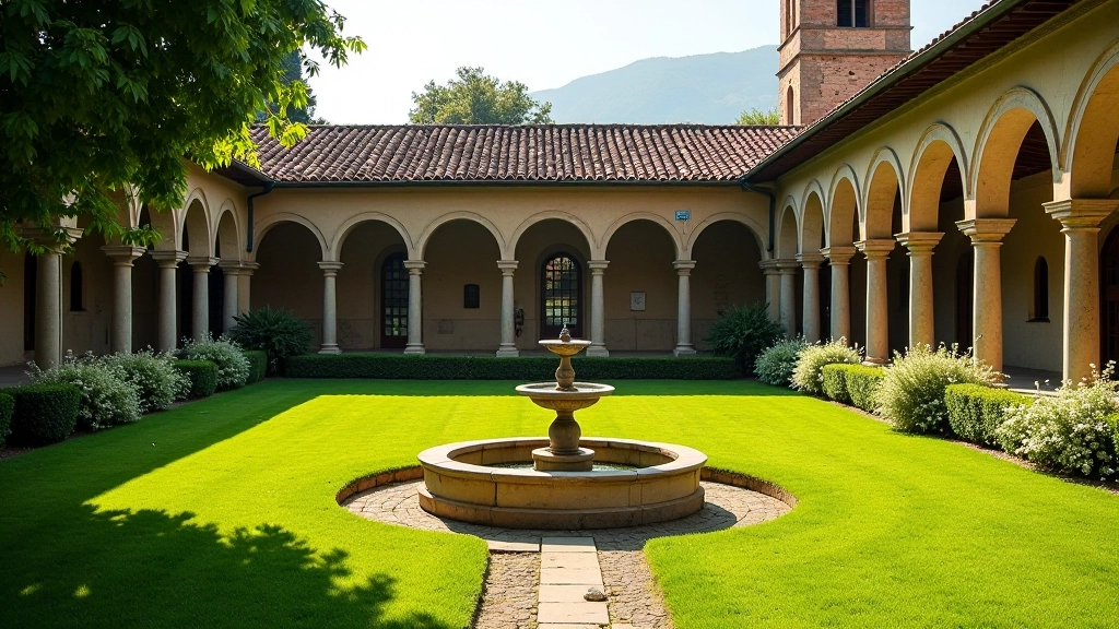 Giardino del chiostro con fontana centrale, erba e fiori, colonnato in sfondo