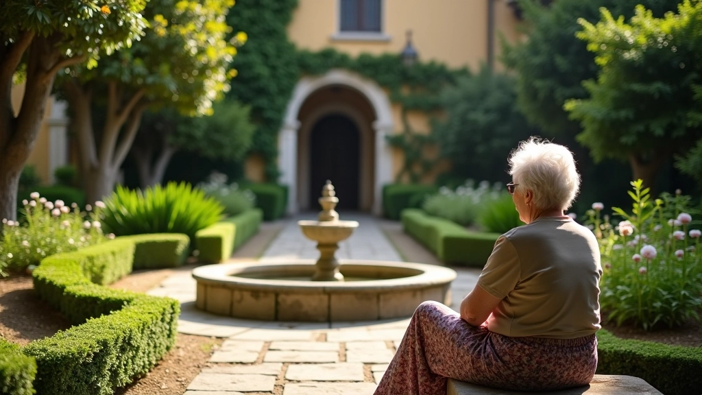 Giardino monastico con fontana centrale in pietra, piante officinali organizzate in aiuole, persona seduta su panchina in contemplazione