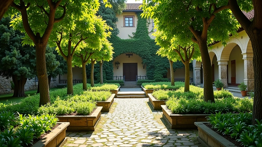 Giardino monastico con aiuole di erbe aromatiche, panchine in pietra e alberi antichi