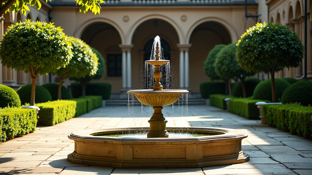 Fontana ornamentale nel centro di un giardino monastico rinascimentale