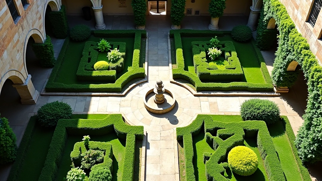 Giardino monastico medievale con aiuole quadrate geometriche separate da sentieri in pietra