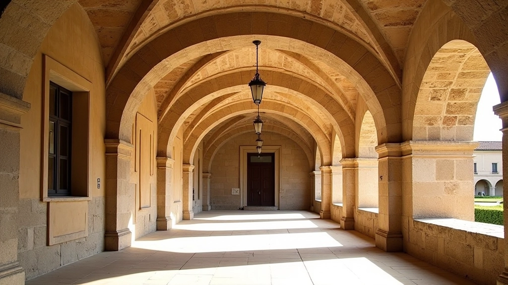 Archi a tutto sesto rinascimentali in pietra grigia con decorazioni geometriche e dettagli architettonici nel chiostro di un monastero
