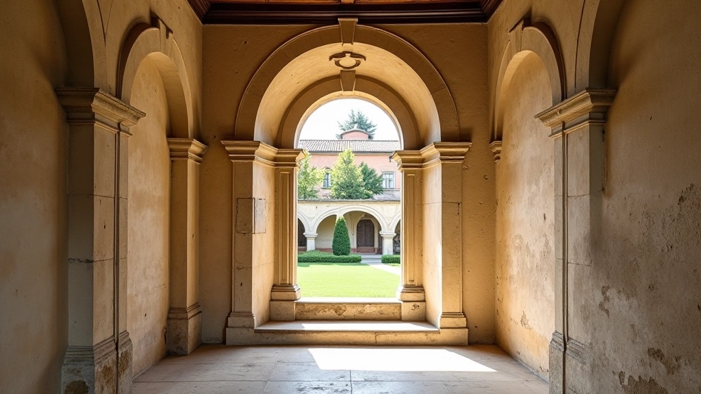 Finestra rinascimentale con cornice in pietra squadrata e proporzioni geometriche precise in una parete di chiostro