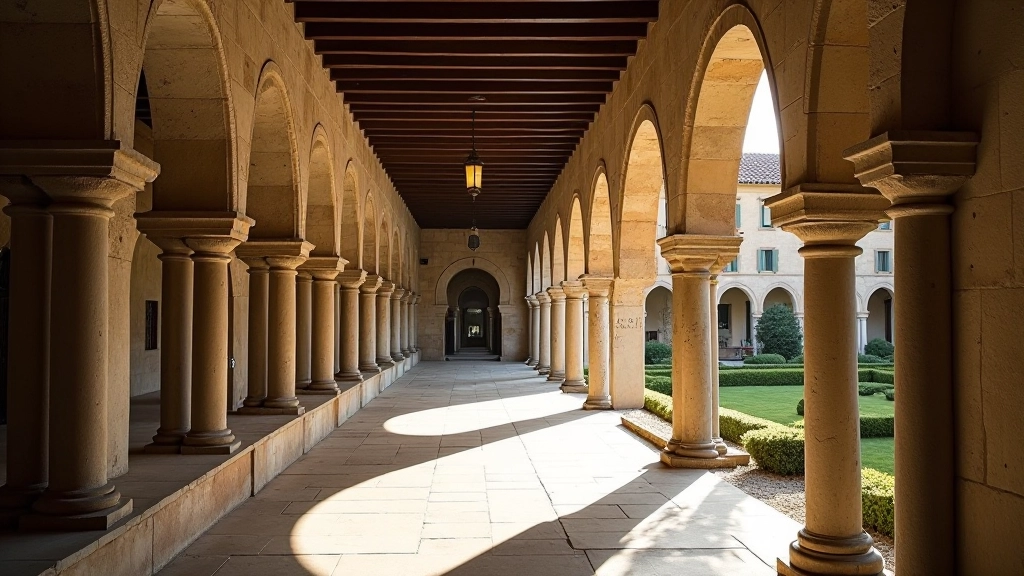 Chiostro con portico coperto, colonne ornate e pavimentazione in cotto, atmosfera tranquilla