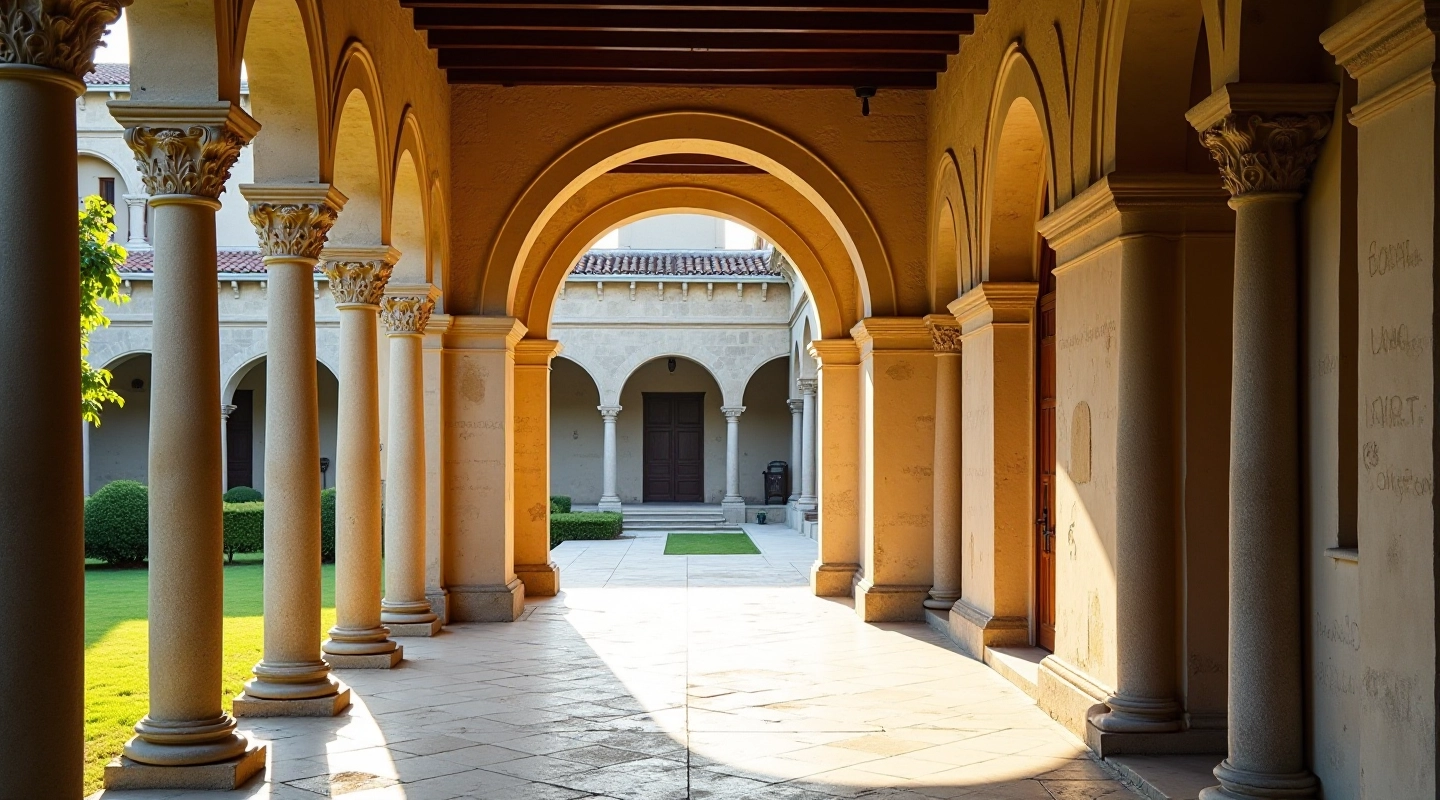 Chiostro rinascimentale con colonne in pietra, porticato elegante e giardino monastico interno illuminato dalla luce naturale
