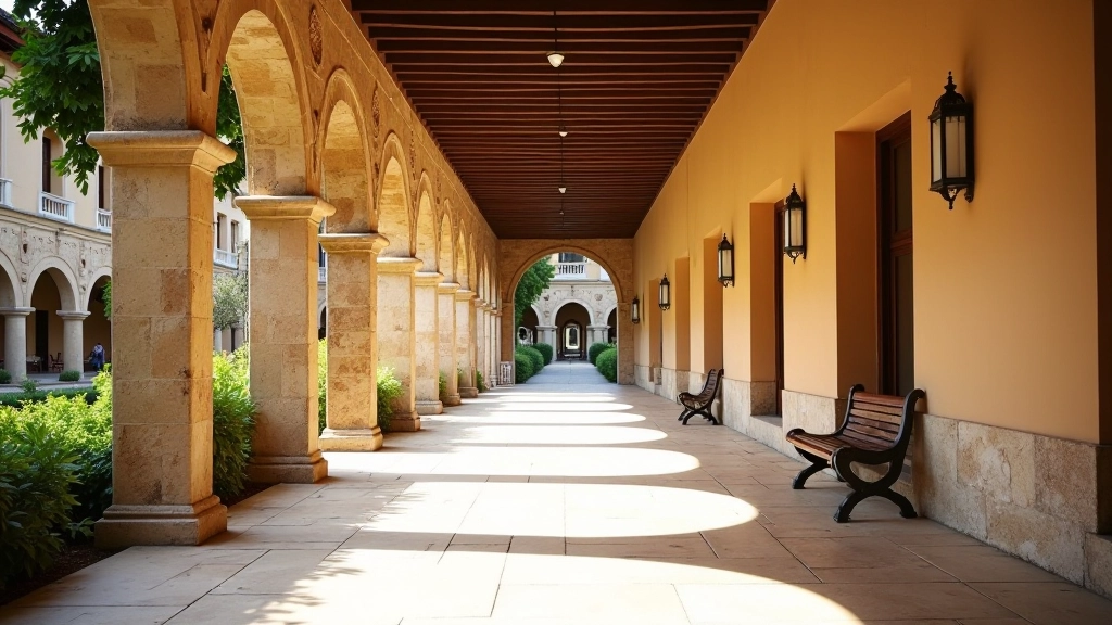Corridoio del chiostro con arcate, panchine in pietra, vista verso il giardino centrale