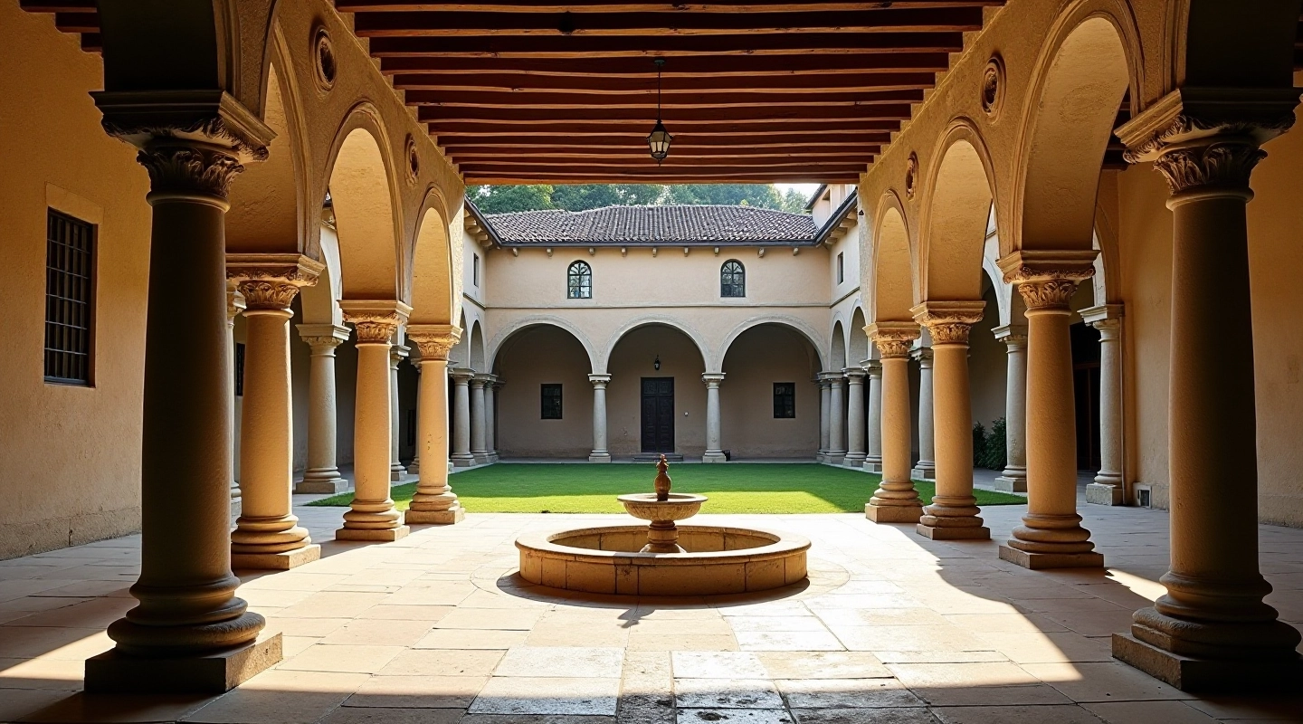 Chiostro rinascimentale con colonne in pietra e cortile centrale con fontana decorativa
