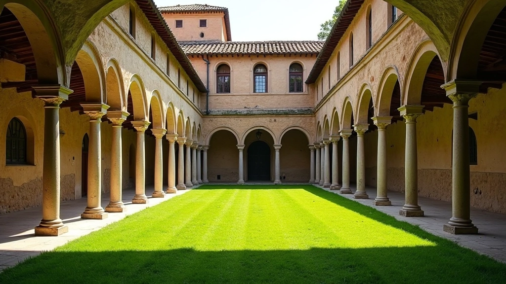 Chiostro rinascimentale con arcate simmetriche, colonne in pietra grigia, giardino centrale con erba e piante, luce soffusa naturale