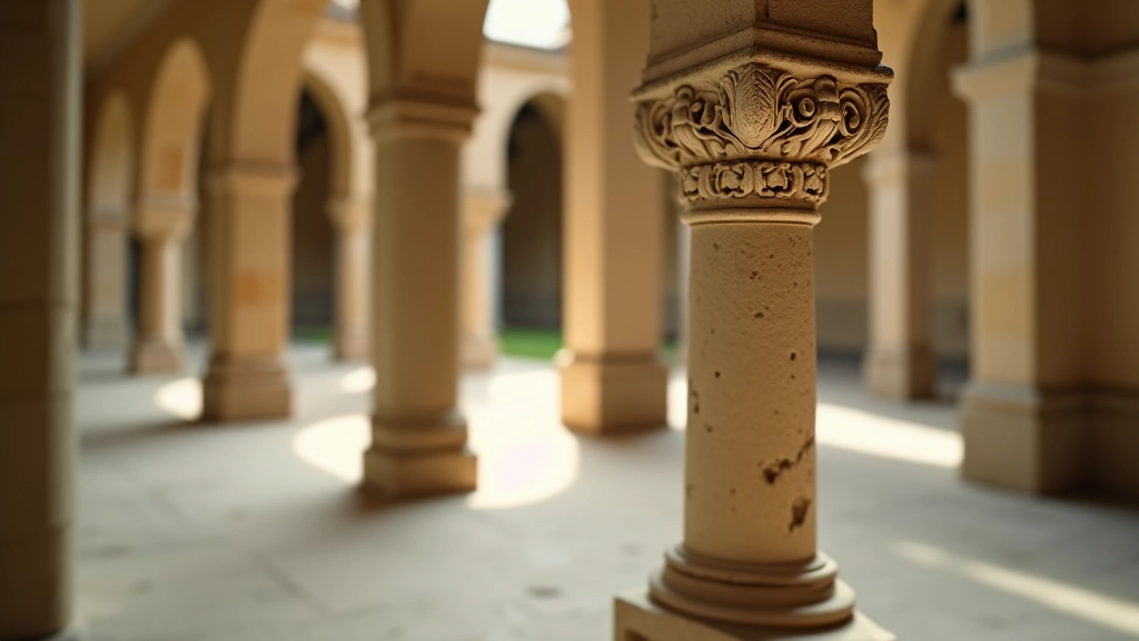 Particolare architettonico di una colonna decorata e archi in stile rinascimentale con dettagli in pietra