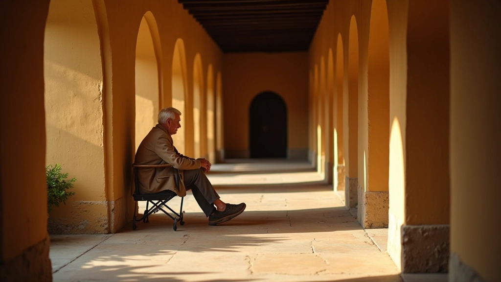 Persona seduta in contemplazione nel chiostro, raggi di sole che filtrano dalle arcate, ombre geometriche sul pavimento in pietra