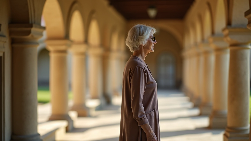 Anziana signora che cammina tranquillamente lungo un porticato con colonne, vestita elegantemente